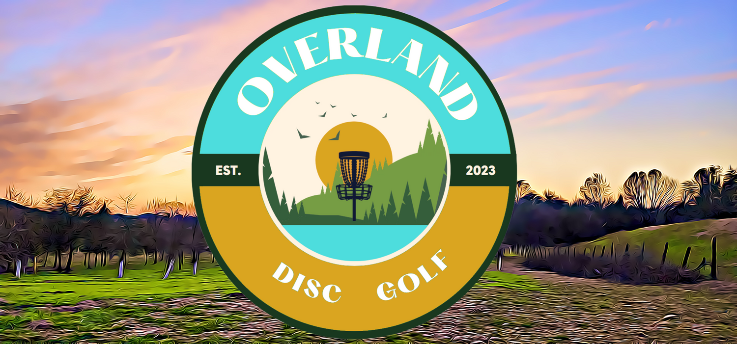 Overland Disc Golf Logo surrounded by trees with pink blue sky as background